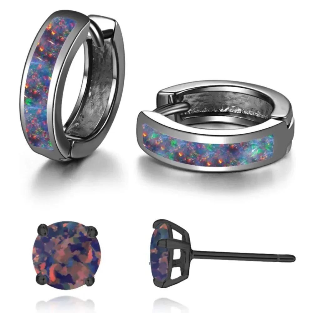 14K Black Gold with Genuine Black Fire Opal Huggie and Stud Earrings Set of 2